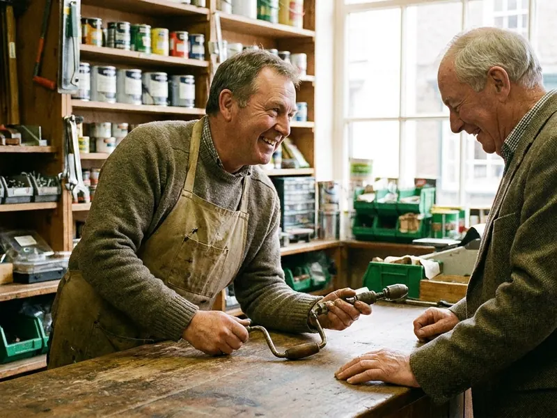 Two middle-aged and older men smiling and talking across a wooden counter inside a traditional hardware and DIY shop.